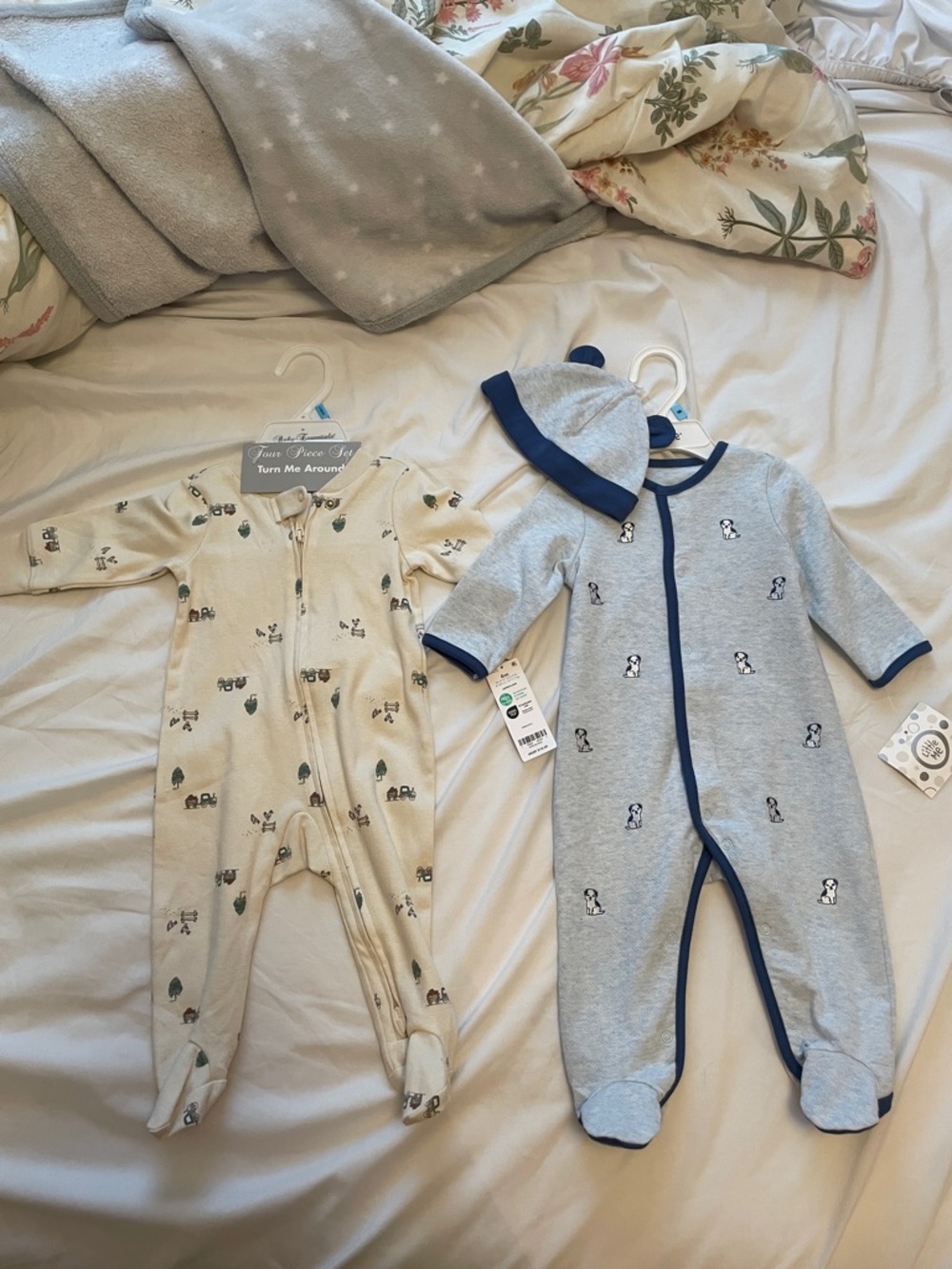 Little Me Cream & Light Gray Footed One-Pieces with Blue Trim and Hat